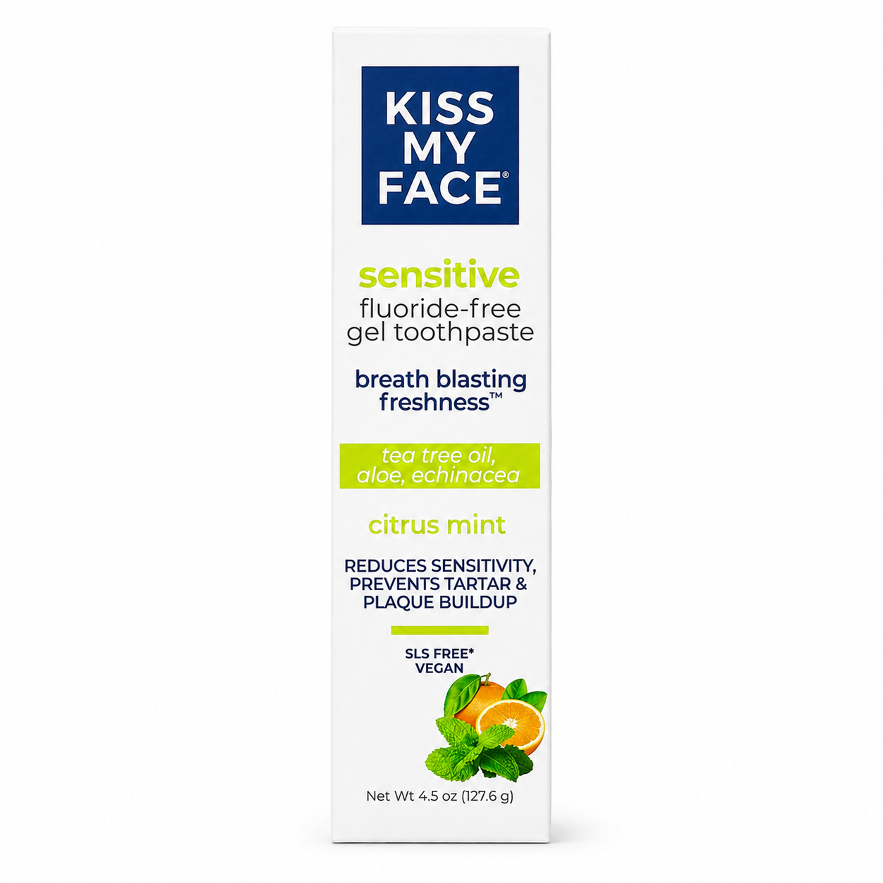Kiss My Face Sensitive Citrus Mint Gel Toothpaste Reduces Sensitivity Removes Plaque Prevents Tartar with Tea Tree Oil Aloe Echinacea No Artificial Colors Or Flavors 4.5 oz Kiss My Face